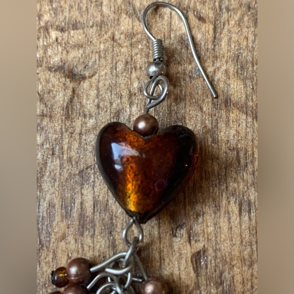 Amber Glass Heart & Glass Bead Cluster Dangle Pierced Earring Woman’s Jewelry - Picture 10 of 11
